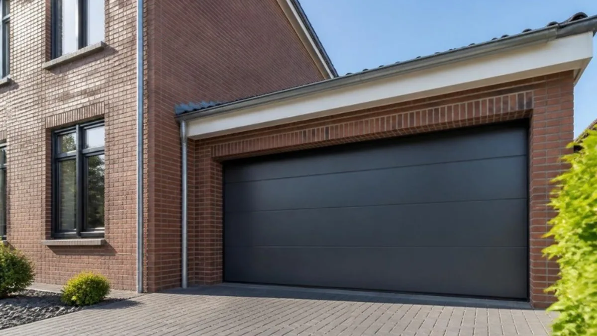 Antracietgrijze sectionaaldeur in een bakstenen woning met bestrate oprit
