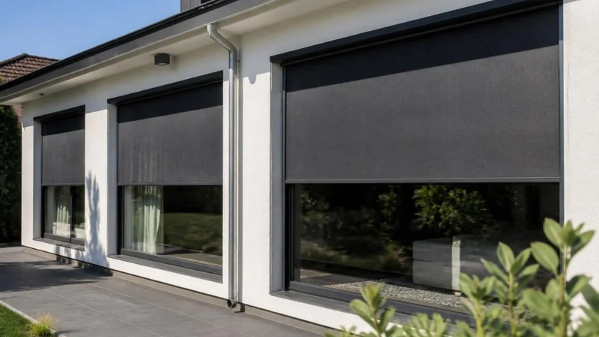 Donkergrijze screens half neergelaten voor grote ramen van een moderne witte woning